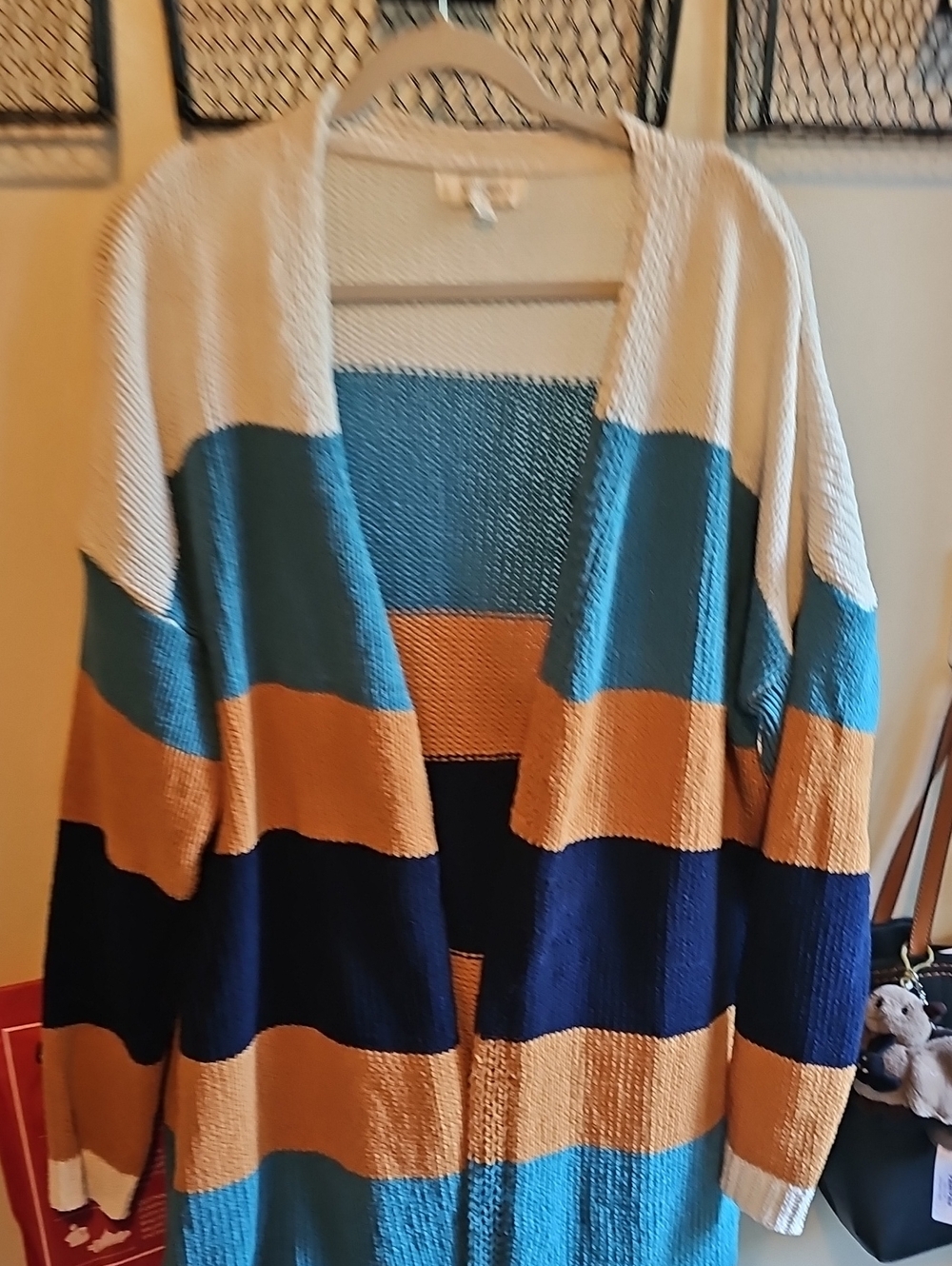 Umgee Cream, Teal, Navy & Tan Striped Open-Front Cardigan
